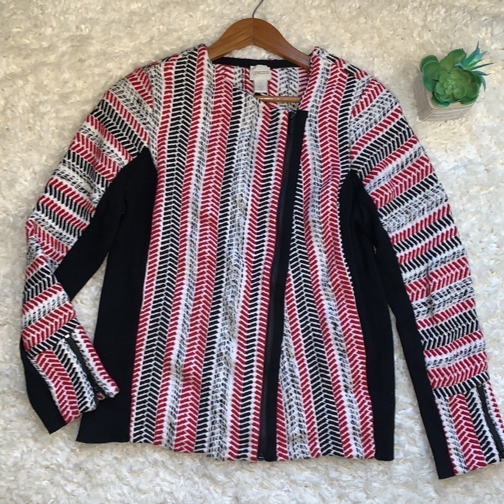 CHICOS Sofia Textured chevron Tweed red, white, black Zip Cardigan Jacket
